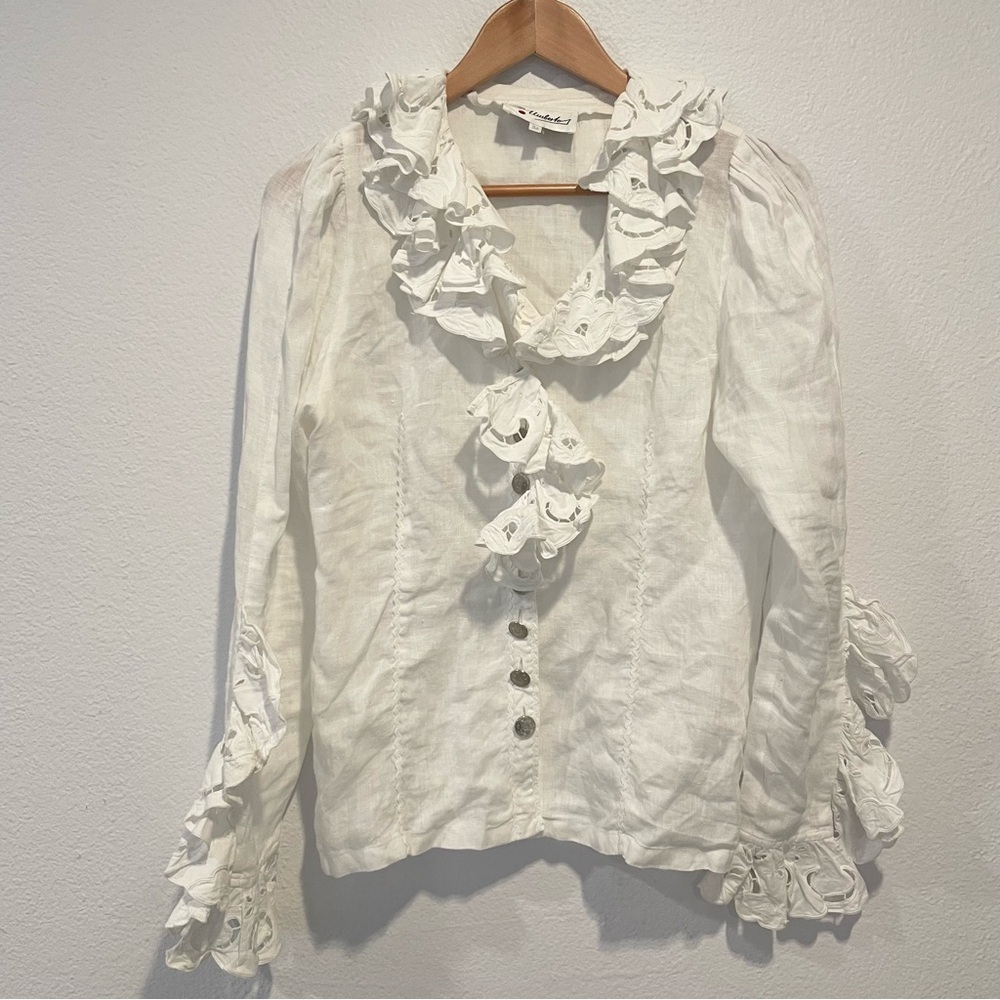 Vintage retro ruffle lace Victorian linen blouse